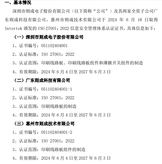 则成电子及其两家分公司取得Intertek颁发的ISO 27001：2022信息安全管理体系认证证书 时时快讯