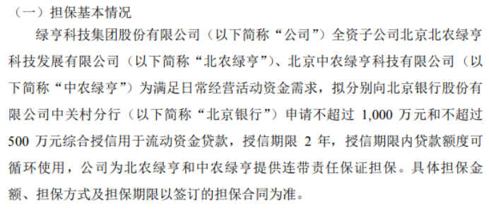 绿亨科技全资分公司
北农绿亨、中农绿亨拟分别向银行申请不高出1000万和不高出500万综合授信 时时快讯