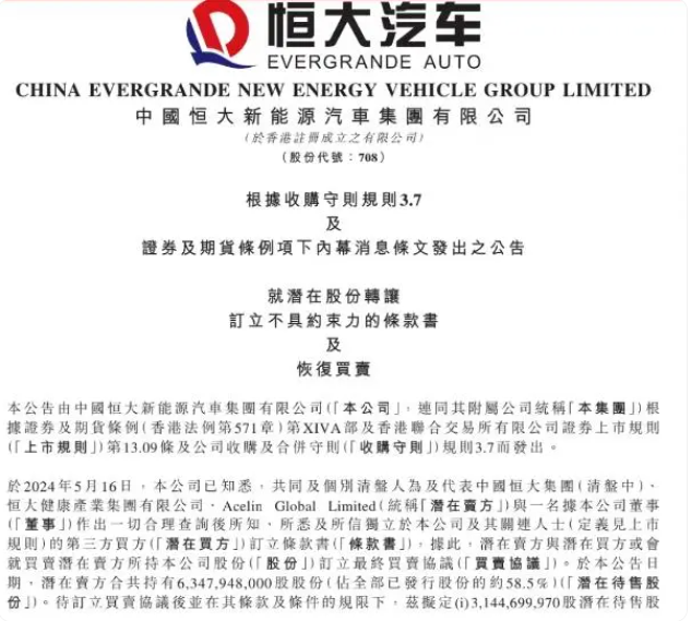 恒大汽车最新公告！尚未签署买卖协议⋯⋯ 恒大汽车最新公告！尚未签订
交易
协议⋯⋯ 时时快讯