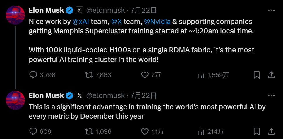仅用19天，马斯克建玉成
球最强“超算工厂”！10万块H100 GPU上线，Grok 3预计年底发布 仅用19天，马斯克建玉成
球最强“超算工厂”！10万块H100 GPU上线，Grok 3预计年底发布 时时快讯